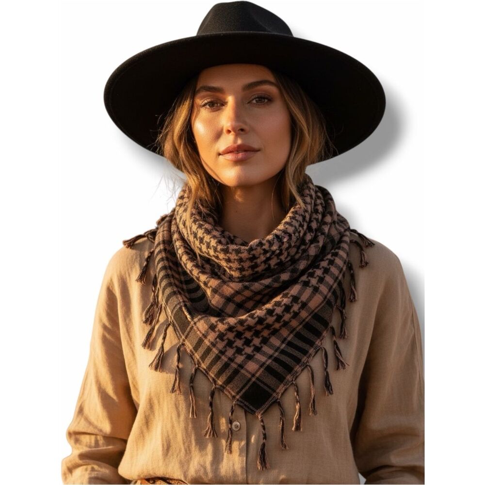Brown Black Plaid Lightweight Cotton Fringe Scarf Multi Purpose
